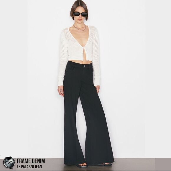 FRAME DENIM LE PALAZZO JEANS IN FILM NOIR DARKEST BLACK WIDE LEG TROUSERS NEW - Picture 1 of 16